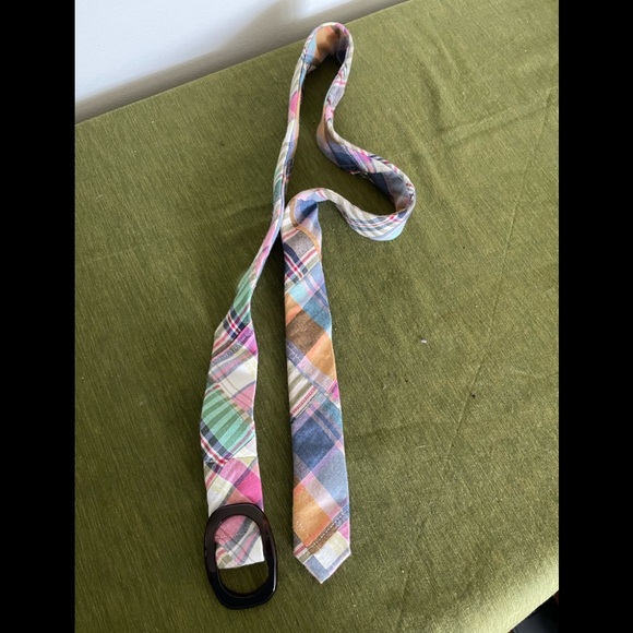 J CREW BELT - COTTON - Madras Plaid - New without Tag - Brown buckle - Size M/L